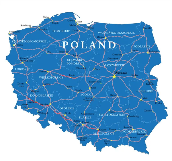 具有行政区 主要城市和公路的波兰高度详细的矢量图 — 图库矢量图片