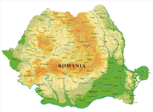 Mappa Fisica Altamente Dettagliata Della Romania Formato Vettoriale Con Tutte — Vettoriale Stock