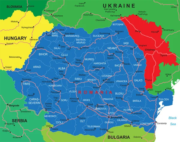 Mapa Vetorial Altamente Detalhado Roménia Com Regiões Administrativas Principais Cidades —  Vetores de Stock