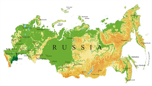 Mappa Fisica Altamente Dettagliata Della Russia Formato Vettoriale Con Tutte — Vettoriale Stock