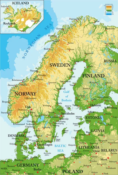 Sehr Detaillierte Physische Karte Skandinaviens Vektorformat Mit Allen Reliefformen — Stockvektor