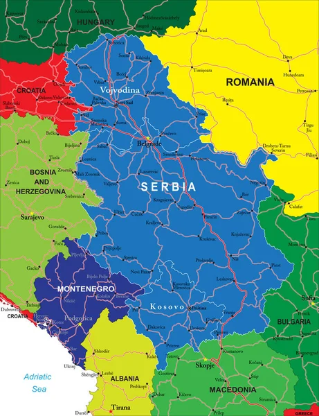 塞尔维亚和穆藤加地图 附有道路 主要地区和城市 — 图库矢量图片