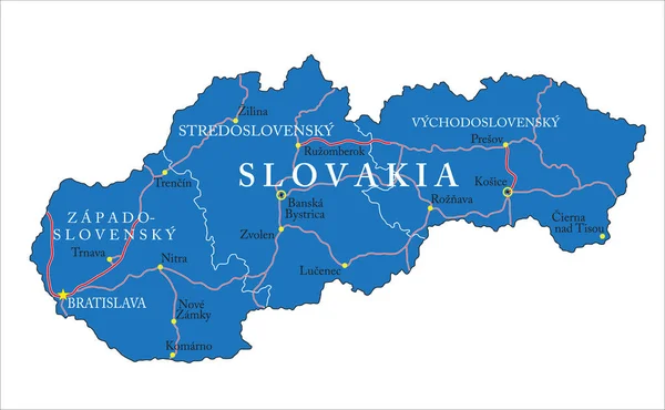 具有行政区 主要城市和公路的斯洛伐克高度详细的矢量图 — 图库矢量图片
