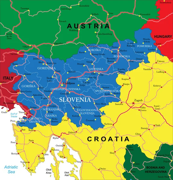 斯洛文尼亚具有行政区 主要城市和公路的高度详细的矢量地图 — 图库矢量图片