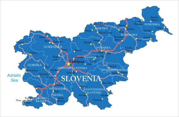 Mapa Vetorial Altamente Detalhado Eslovénia Com Regiões Administrativas Principais Cidades —  Vetores de Stock