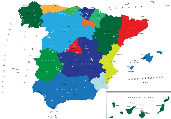 Highly Detailed Political Map Spain All Regions Separate Main Cities — Stock Vector