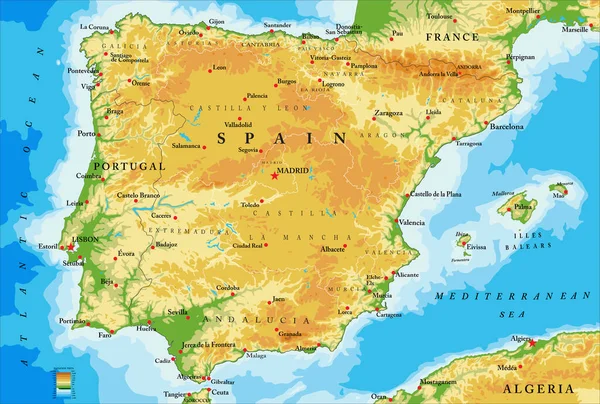 Bardzo Szczegółowa Mapa Fizyczna Hiszpanii Formacie Wektorowym Wszystkimi Formami Reliefowymi — Wektor stockowy