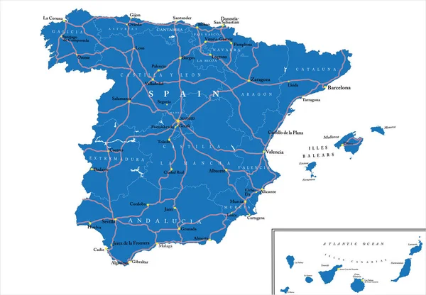 Mycket Detaljerad Vektorkarta Över Spanien Med Administrativa Regioner Större Städer — Stock vektor