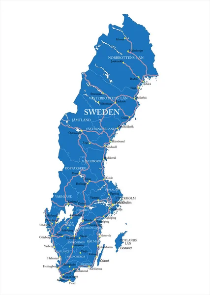 Mapa Vectorial Altamente Detallado Suecia Con Regiones Administrativas Ciudades Principales — Archivo Imágenes Vectoriales