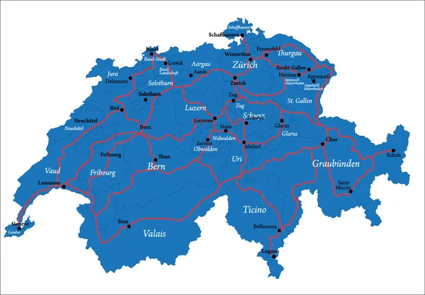 瑞士高度详细的地图 包括主要行政区 城市和道路 — 图库矢量图片