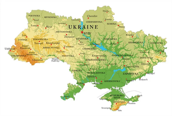 Mappa Fisica Altamente Dettagliata Dell Ucraina Formato Vettoriale Con Tutte — Vettoriale Stock