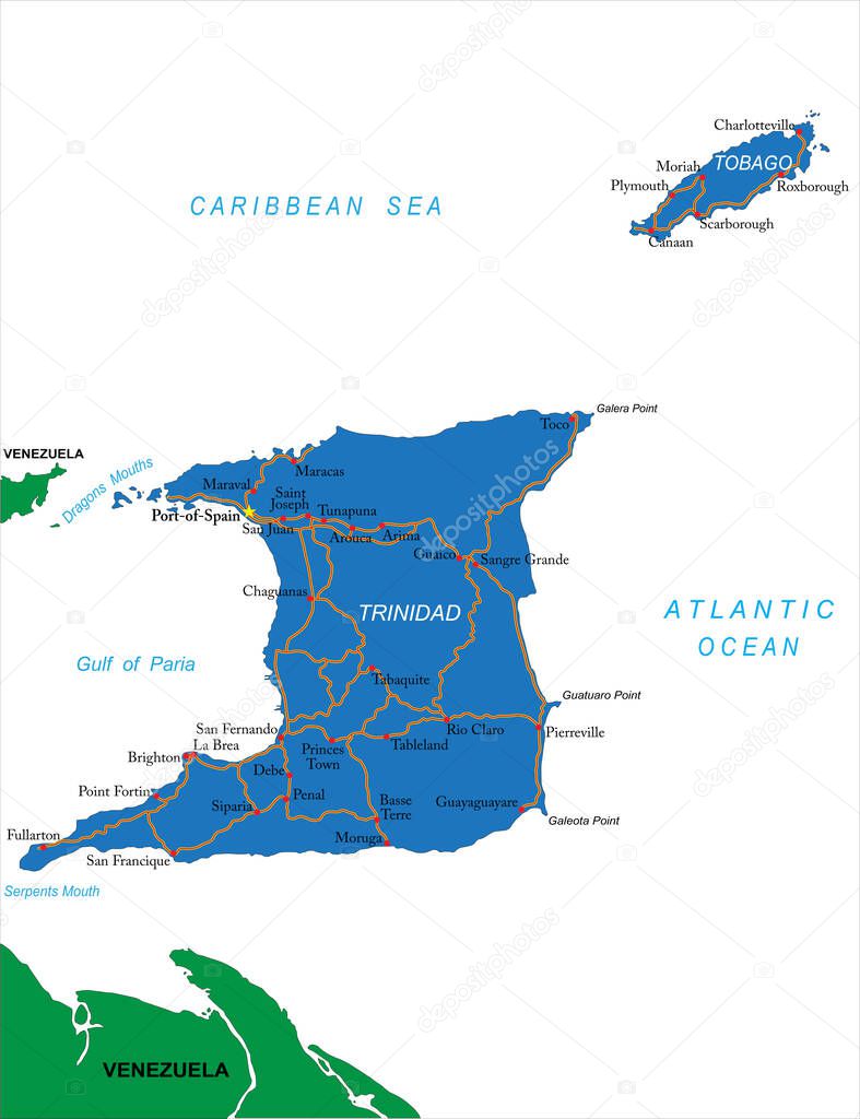Trinidad & Tobago highly detailed vector map with administrative regions,main cities and roads.