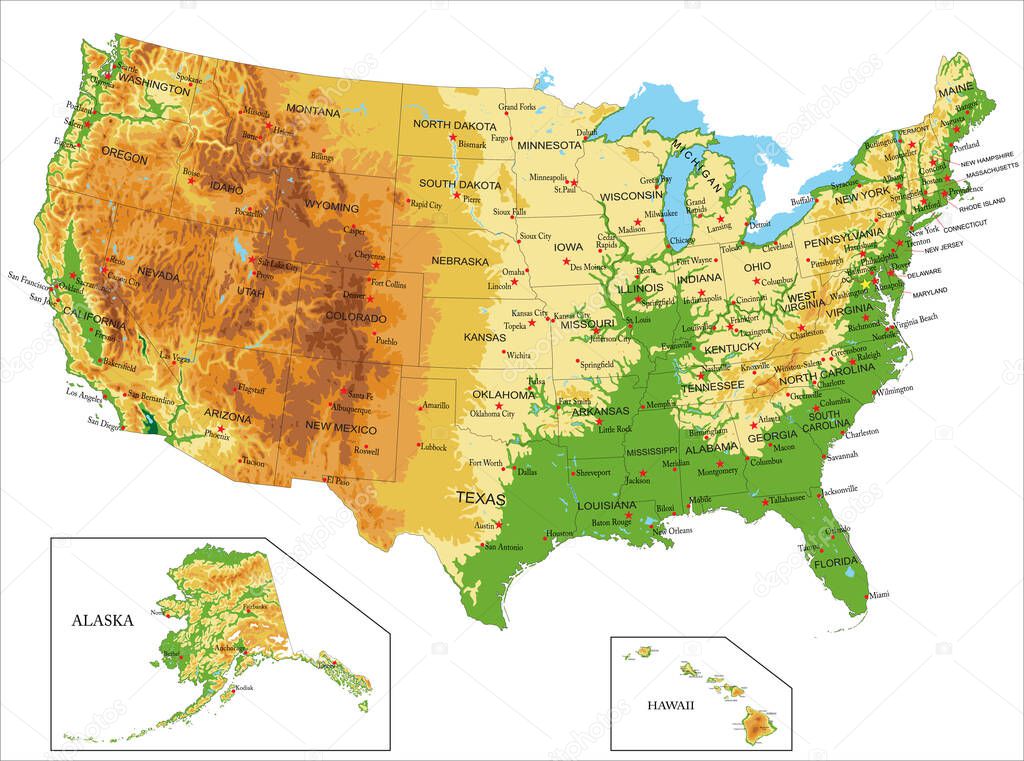 United States of America highly detailed physical map,in vector format,with all the relief forms,states and big cities.