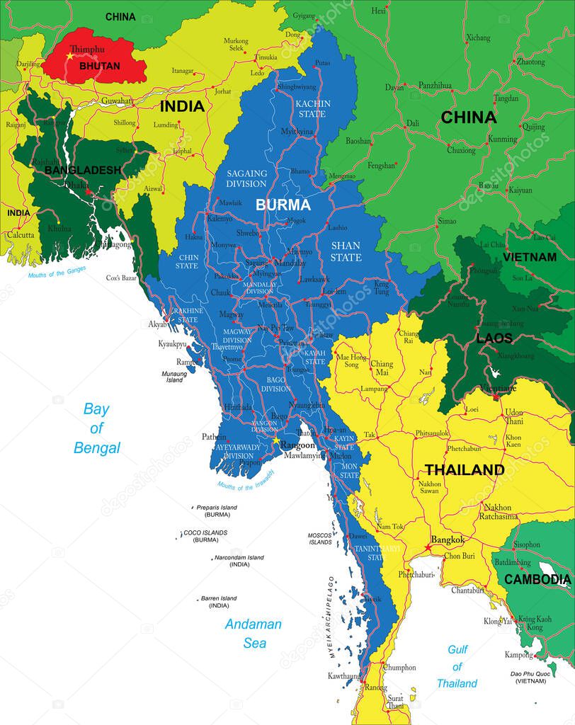 Myanmar highly detailed vector map with administrative regions,main cities and roads.
