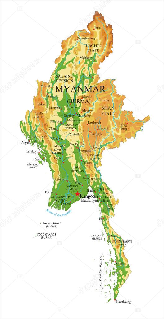 Myanmar highly detailed physical map,in vector format,with all the relief forms,regions and big cities.