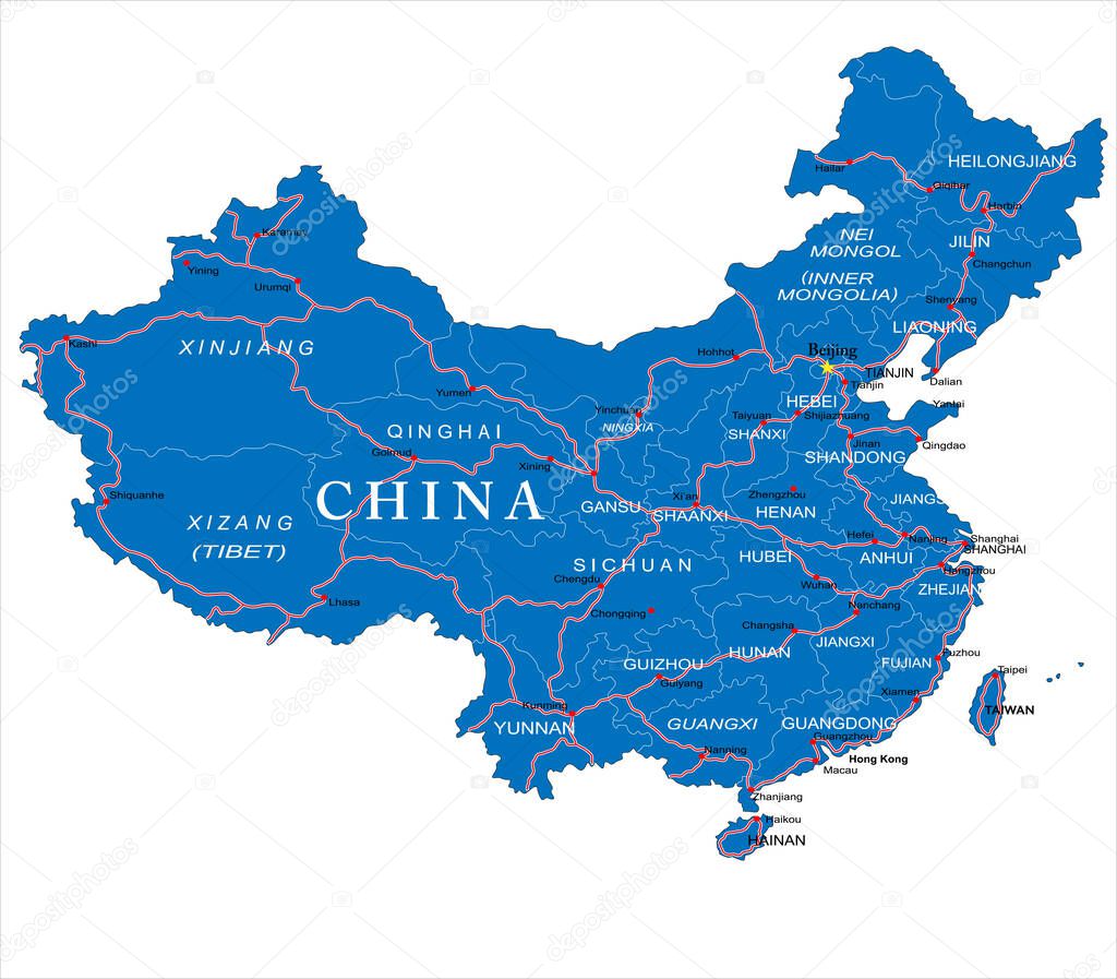China highly detailed map with all different regions,roads and main cities