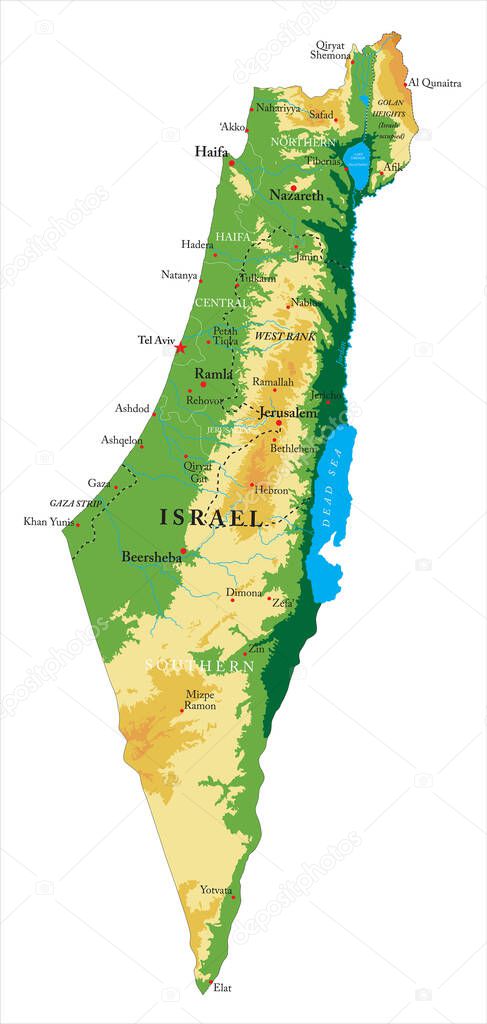  Israel highly detailed physical map,in vector format,with all the relief forms,regions and big cities.