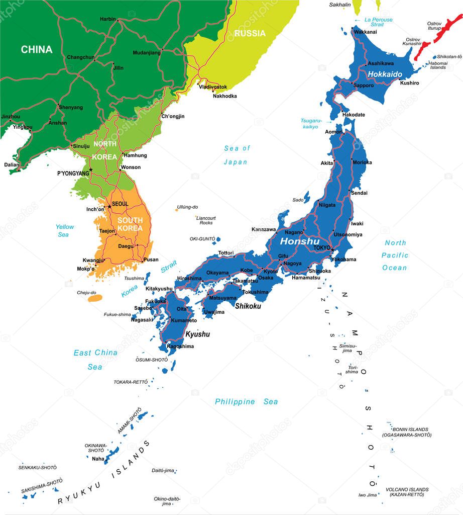 Japan highly detailed vector map with main cities and roads.