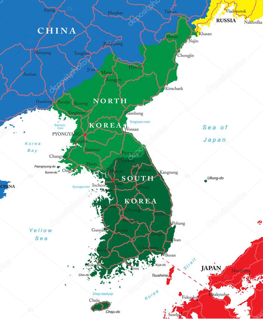 South and North Korea vector map  with administrative regions,main cities and roads.