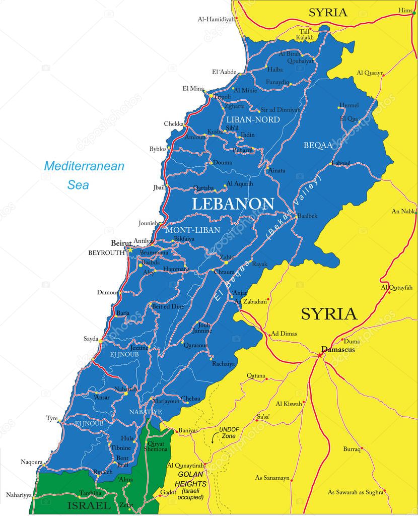Lebanon highly detailed vector map with administrative regions, main cities and roads.