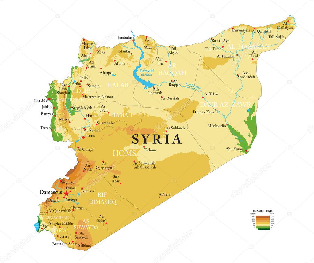 Highly detailed physical map of the Syria,in vector format,with all the relief forms,regions and big cities. 
