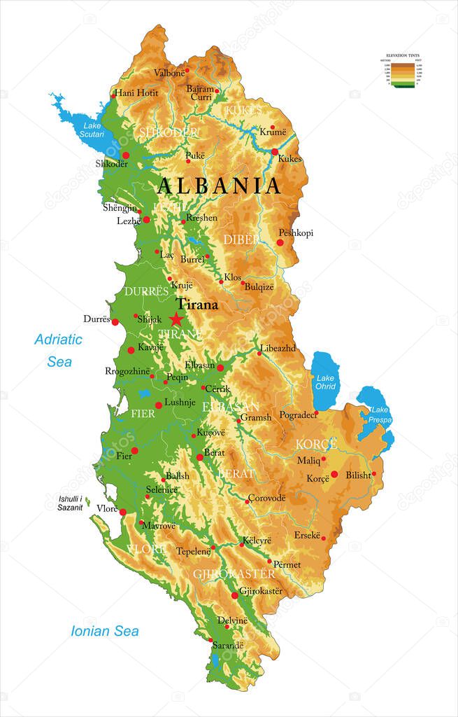 Highly detailed physical map of the Albania,in vector format,with all the relief forms,regions and big cities. 