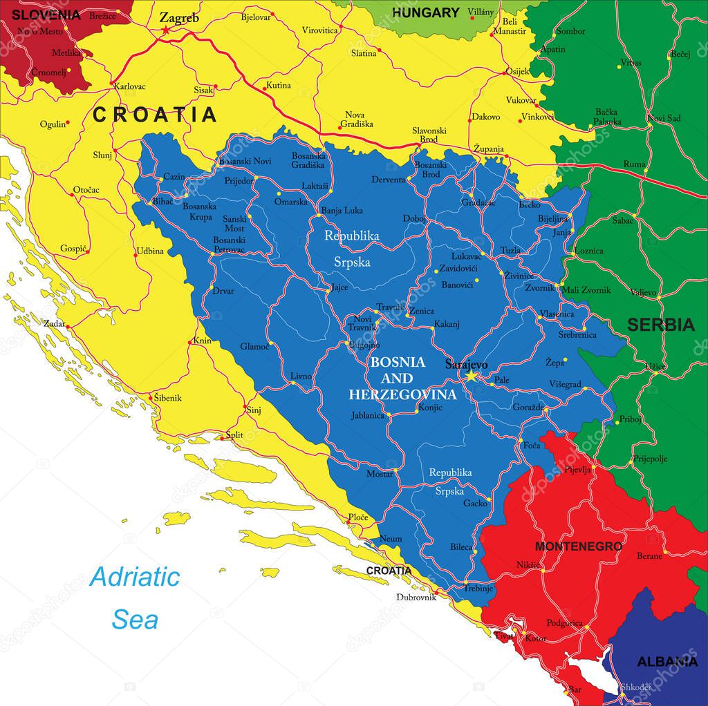 Highly detailed vector map of Bosnia & Herzegovina with administrative regions, main cities and roads.
