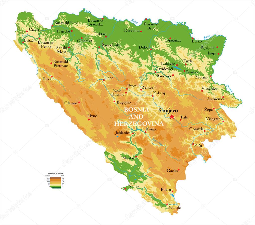Highly detailed physical map of the Bosnia and Herzegovina,in vector format,with all the relief forms,regions and big cities.