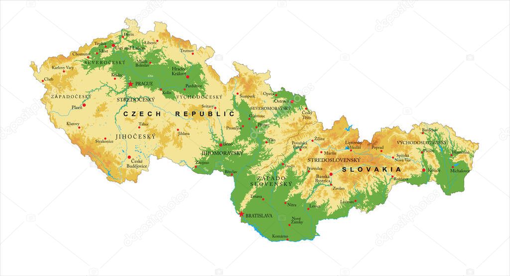 Highly detailed physical map of the Czech Republic and Slovakia, in vector format,with all the relief forms,regions and big cities.