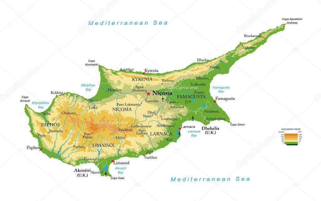 Highly detailed physical map of the Cyprus,in vector format,with all the relief forms,regions and big cities.