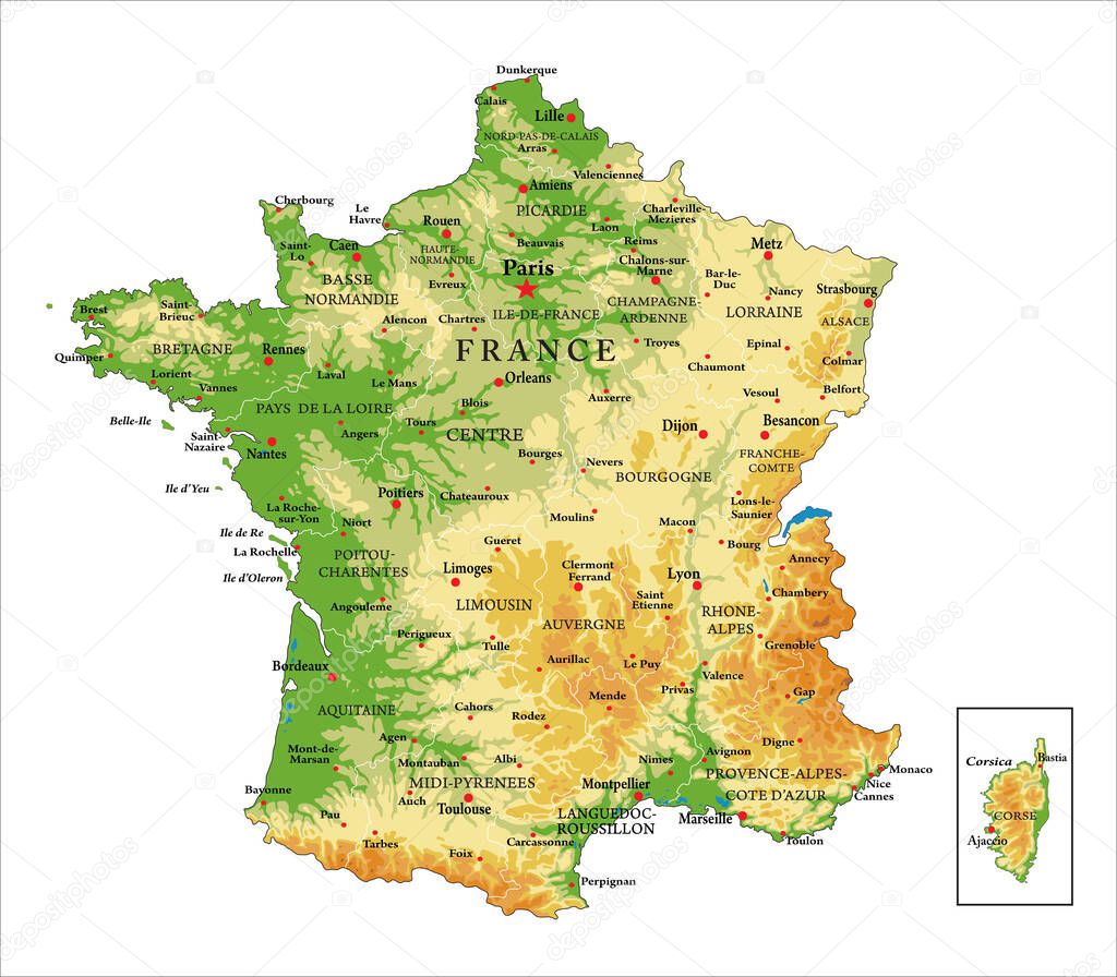 Highly detailed physical map of France,in vector format,with all the relief forms,regions and big cities.