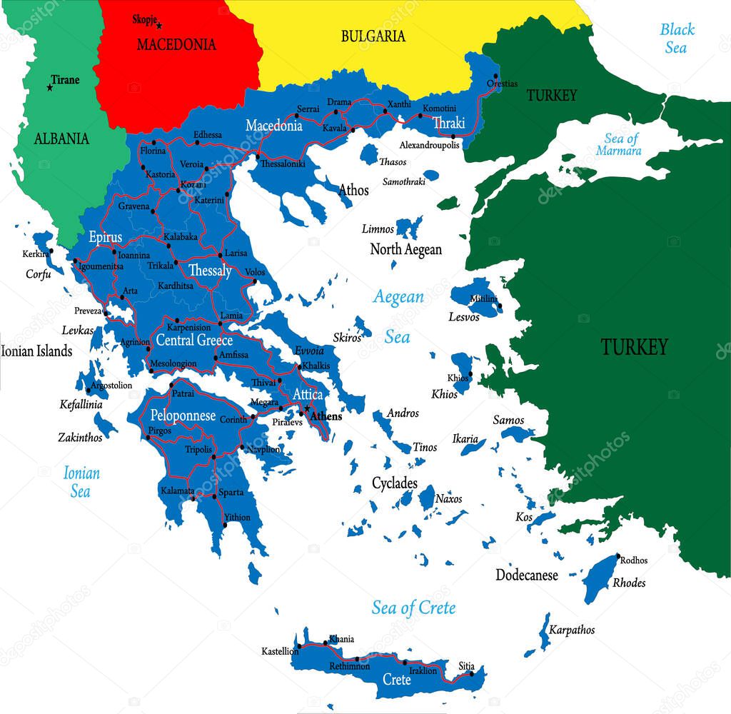 Highly detailed vector map of Greece with main cities,regions and roads.