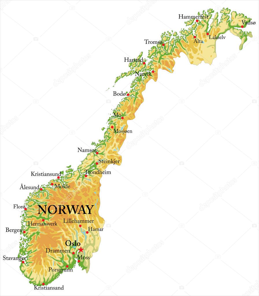 Highly detailed physical map of Norway,in vector format,with all the relief forms,regions and big cities.