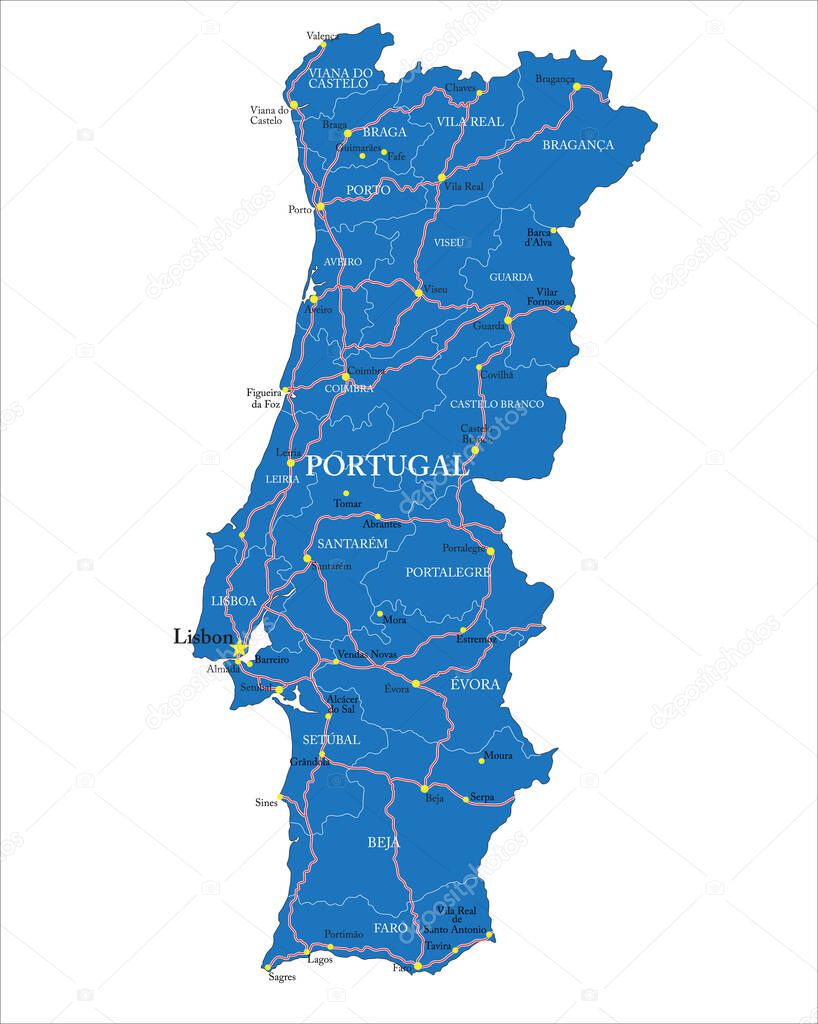 Highly detailed vector map of Portugal with administrative regions,main cities and roads.