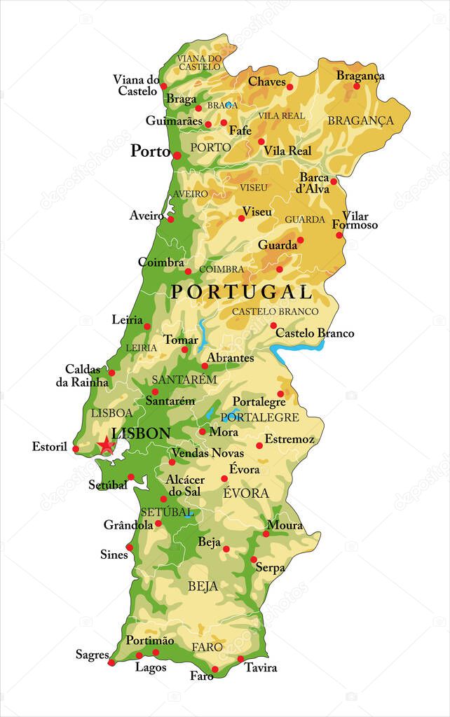 Highly detailed physical map of Portugal,in vector format,with all the relief forms,regions and big cities.