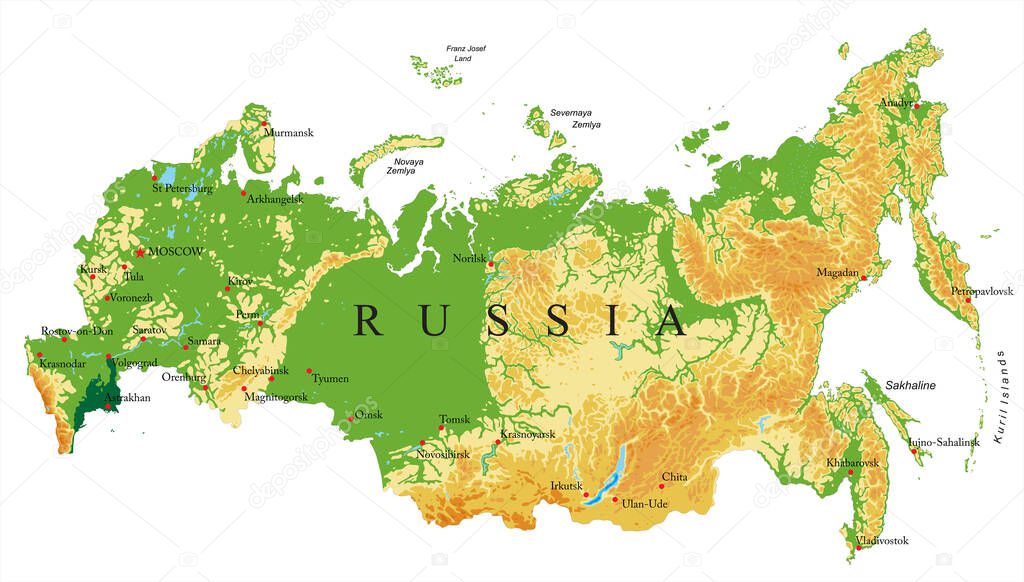 Highly detailed physical map of Russia,in vector format,with all the relief forms,regions and big cities.