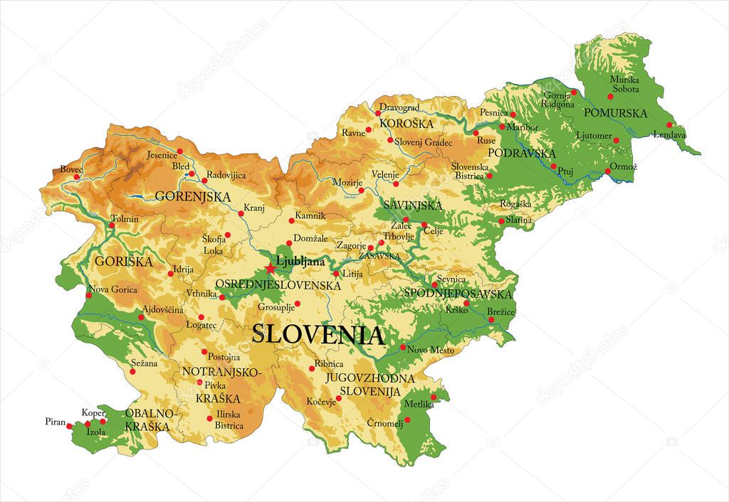 Highly detailed physical map of the Slovenia, in vector format,with all the relief forms,regions and big cities.