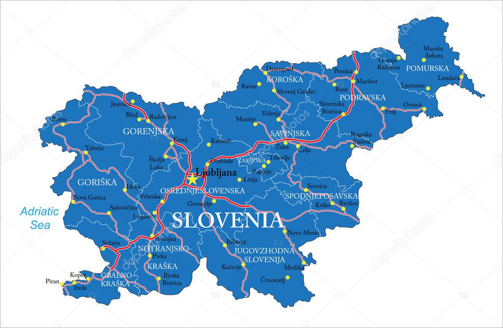 Highly detailed vector map of Slovenia with administrative regions, main cities and roads.