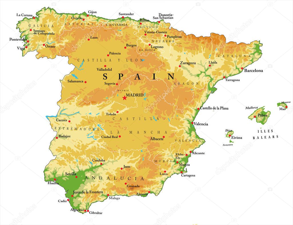 Highly detailed physical map of Spain,in vector format,with all the relief forms,regions and big cities.