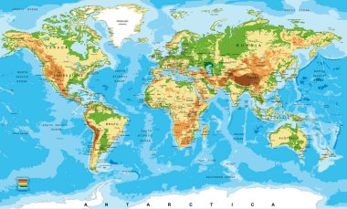 Dünyanın son derece detaylı fiziksel haritası, vektör formatında, tüm yardım formları, ülkeler ve büyük şehirlerle.