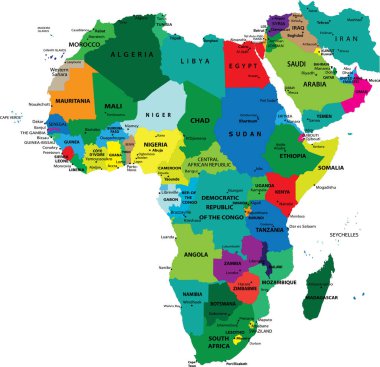 Afrika 'nın politik haritası beyaz arka plan. Her durum ayrı seçilebilir.