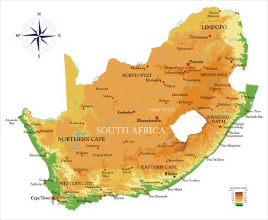 South Africa highly detailed physical map, in vector format,with all the relief forms,regions and big cities. clipart