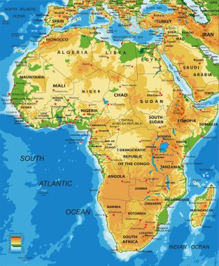 Afrika 'nın son derece detaylı fiziksel haritası, vektör formatında, tüm yardım formları, ülkeler ve büyük şehirlerle.