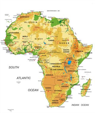 Afrika 'nın son derece detaylı fiziksel haritası, vektör formatında, tüm yardım formları, ülkeler ve büyük şehirlerle.
