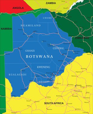 İdari bölgeleri, ana şehirleri ve yolları olan Botswana 'nın son derece ayrıntılı vektör haritası.