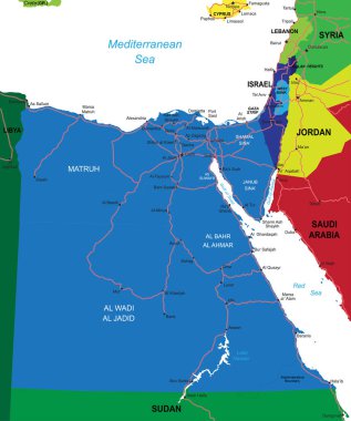 Mısır 'ın idari bölgeleri, ana şehirleri ve yolları ile ilgili son derece ayrıntılı vektör haritası.
