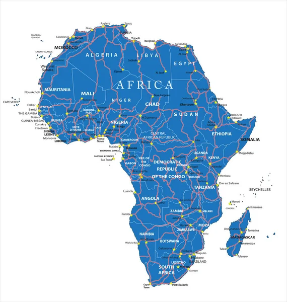 Дуже Детальна Векторна Карта Африки Країнами Головними Містами Дорогами — стоковий вектор