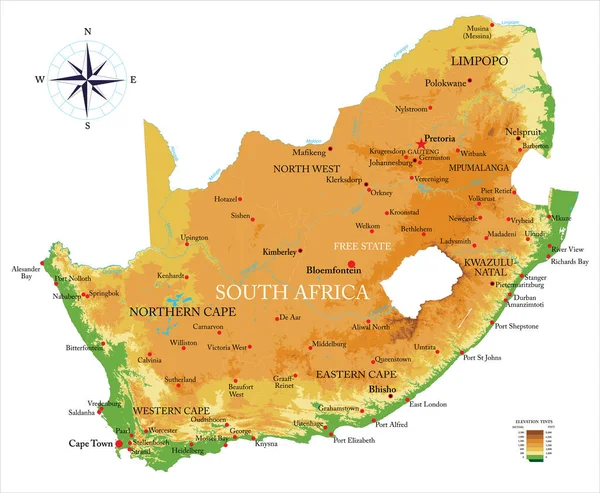 南非非常详细的物理地图 以矢量格式显示 包括所有的地形 区域和大城市 — 图库矢量图片