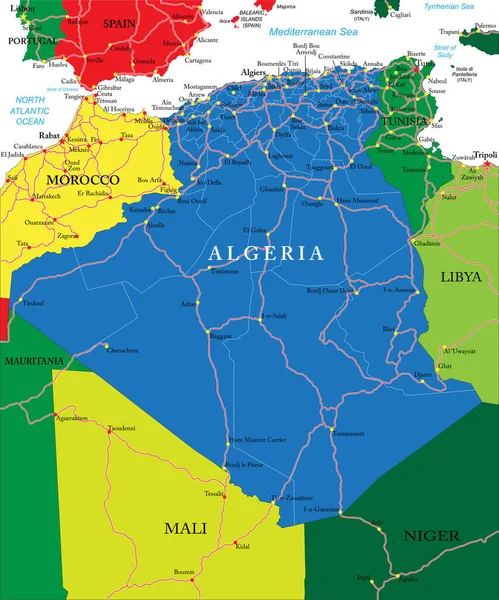 Mycket Detaljerad Vektorkarta Över Algeriet Med Administrativa Regioner Större Städer — Stock vektor