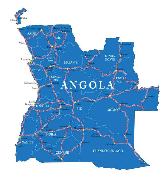 Mappa Vettoriale Dell Angola Con Confini Nazionali Nomi Contee Strade — Vettoriale Stock